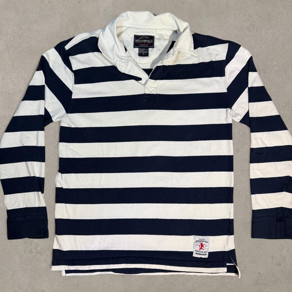 Vintage Y2K Aeropostale Rugby Polo Shirt Men's M Navy White Striped Long Sleeve